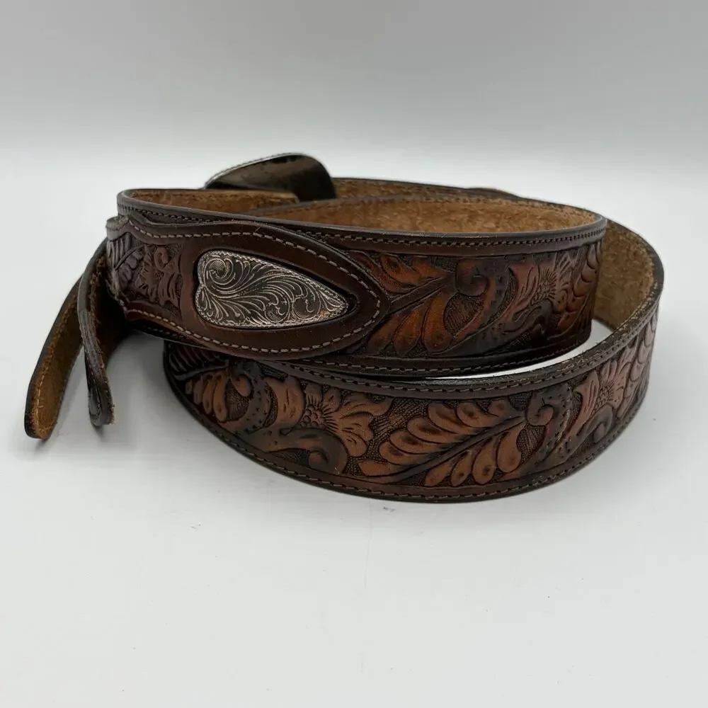 Justin Men’s Brown Leather Ranger Belt Silver Tone Accents Size 38 USA 114CH